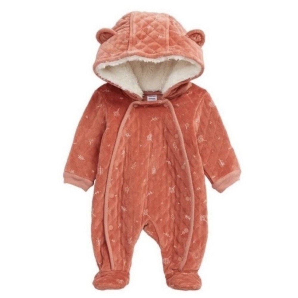 Nordstrom Baby Pink Quilted Velvet Bear Ear‎ Bunting Romper 9M Hooded